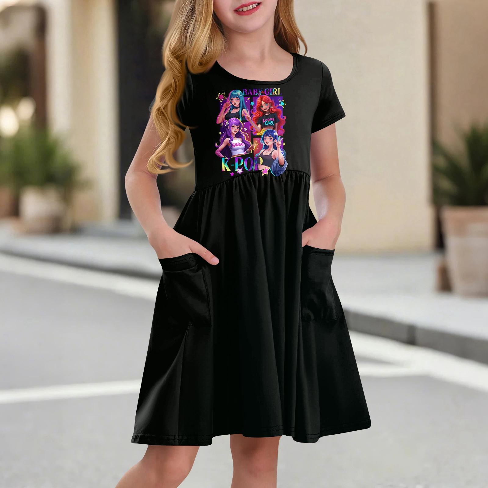 

Children s Skirt Round Neck Short Sleeve Princess Dress Fashion Casual Pocket Dress For Girls 100 чёрный