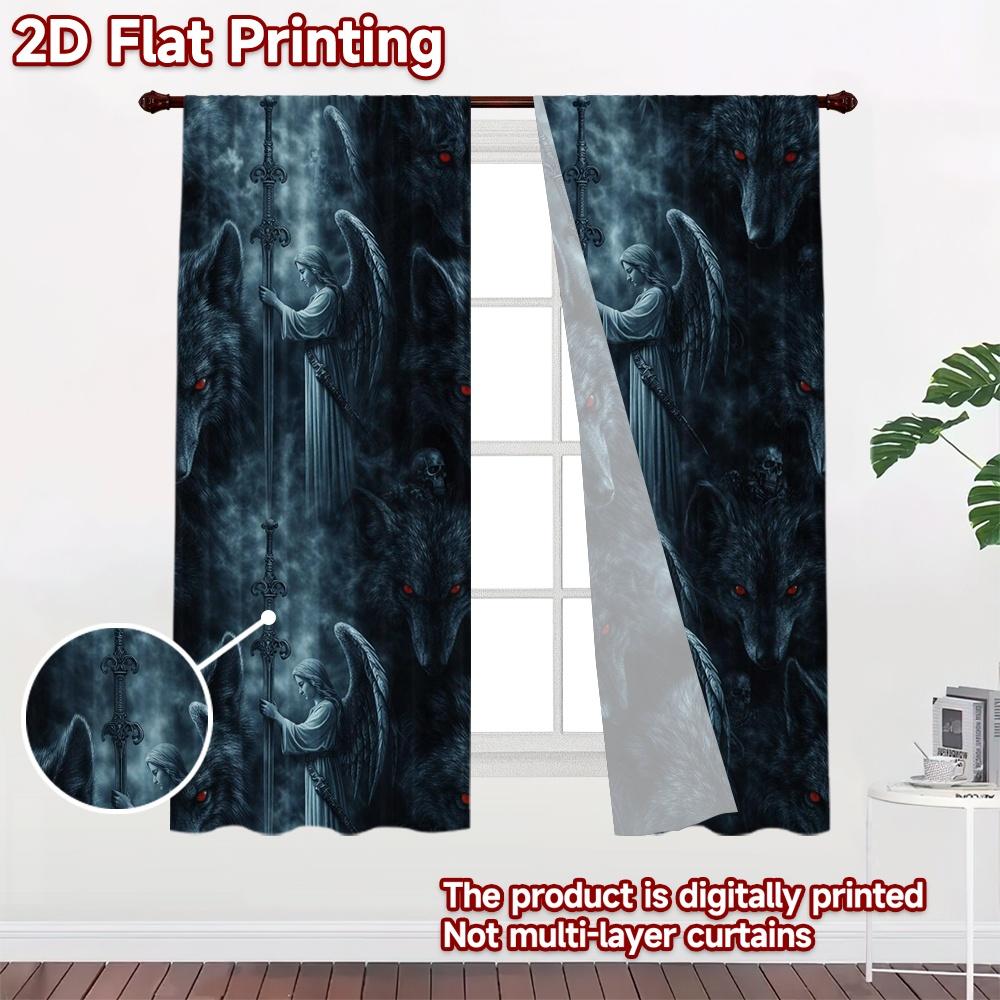 2D FLAT PRINTING 2pcs Curtains (Without Rod) and Wolves Twilight Light Filtering Chic Curtains Versatile Fabric Curtains Easter