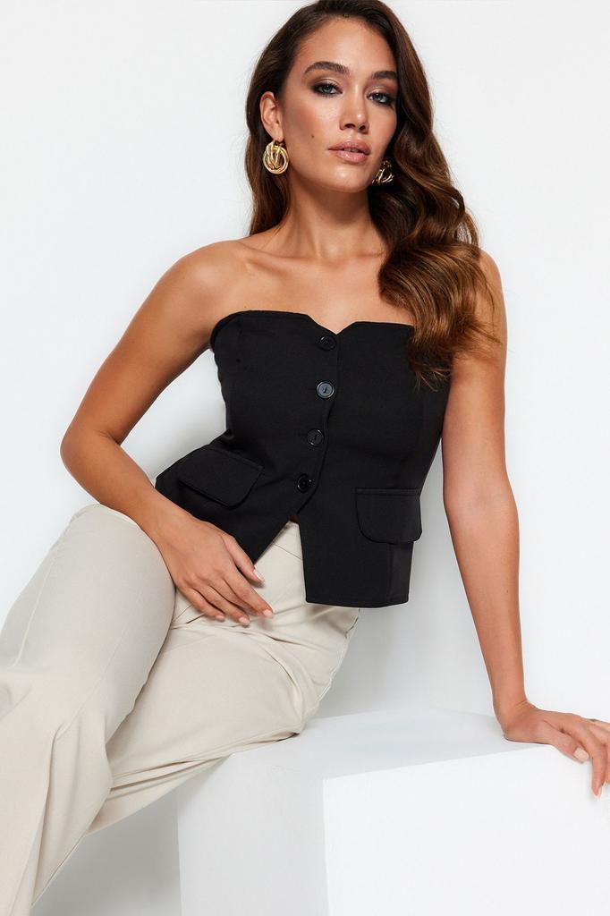 Women's Fashion Black Slim Fit Strapless Woven Vest