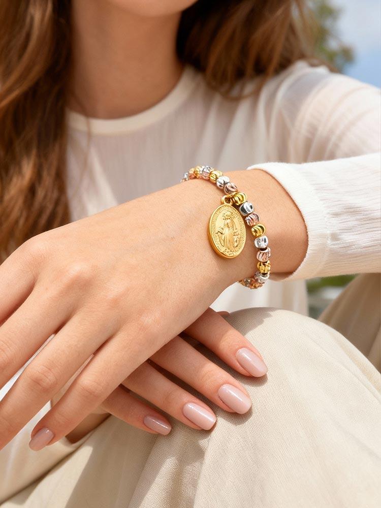 New Fashion Classic Gold Plated Virgin Mary Pendant Bracelets,Stainless Steel Watermelon Beads Rosary Bracelet for Women