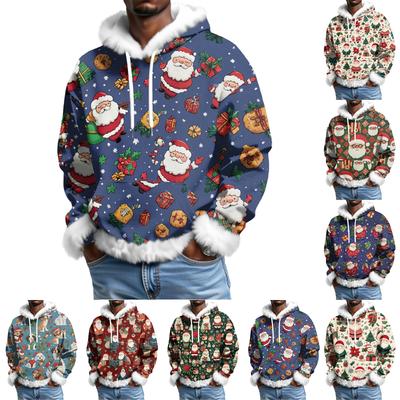 Sudadera con Capucha Forrada Estampado Navideño para Hombre | Sudadera de Fiesta con Ribete Sintético y Bolsillo | Jersey Festivo Holgado Talla Grande