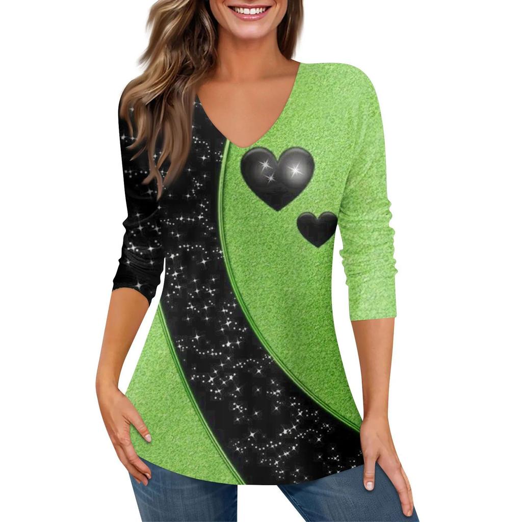 Spring and Summer V-neck 3D Printed Top Fashionable and Casual Long Sleeved Women's T-shirts