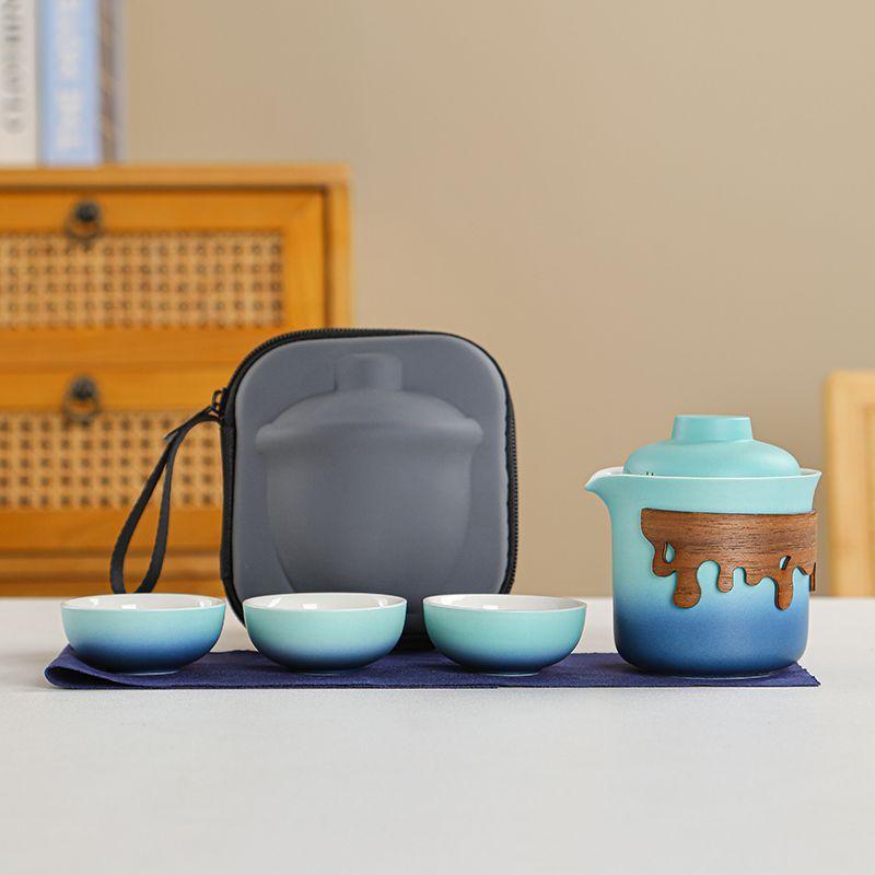 Travel Ceramic Tea Set, Kung Fu Tea Brewing Teapot, Anti-scalding Handle Teapot, Portable Storage, 1 Tea Pot and 3 Cups,