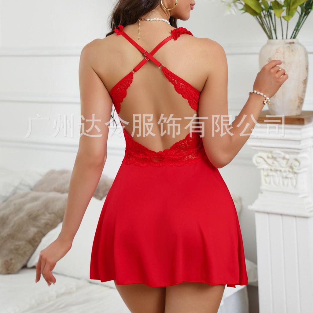 High-end quality European and American new sexy lace suspender flower embroidery pure desire nightdress seduction backless dress women