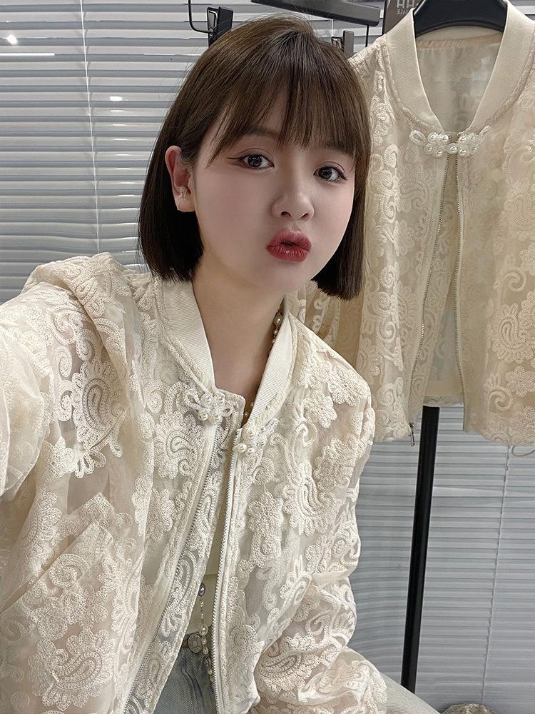Women's Hollow Lace Jacket with Stand-up Collar - European Style, 2024 Spring, Korean Slimming Fit, Elegant Fragrance-Inspired Design.