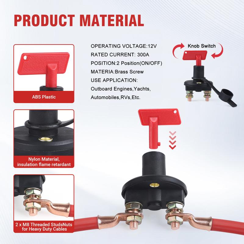 12-24V Battery Disconnect Switch 300A Battery Master Isolator Cut Off Power Kill Switch with 2 Red Key for Marine RV ATV