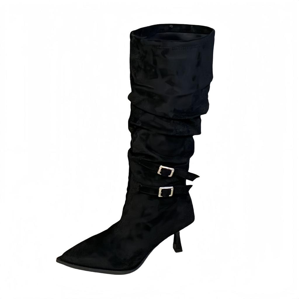High-heeled boots women's 2025 autumn and winter new pointed-toed high-heeled European and American belt buckle high-heeled knight stacked boots