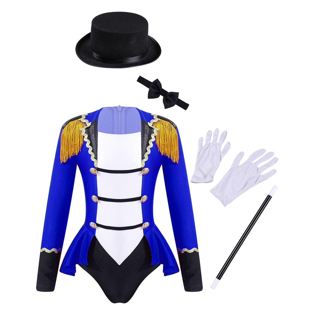 Girls Circus Costume Set Long Sleeve Lapel Tassel Shoulder Back Zipper Leotard Bow Tie Hat Magic Wand Gloves