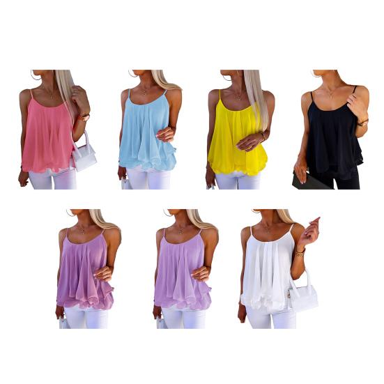 Damen Oberteile Leichte Chiffon Ärmellose Bluse Mehrlagiger Rüschensaum Lockere Passform Lässig Sommer Träger