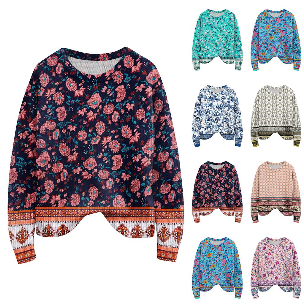 Long Sleeve Pullover Sweaters For Women O Neck Casual Cute Printing Knit Oversized Sweater