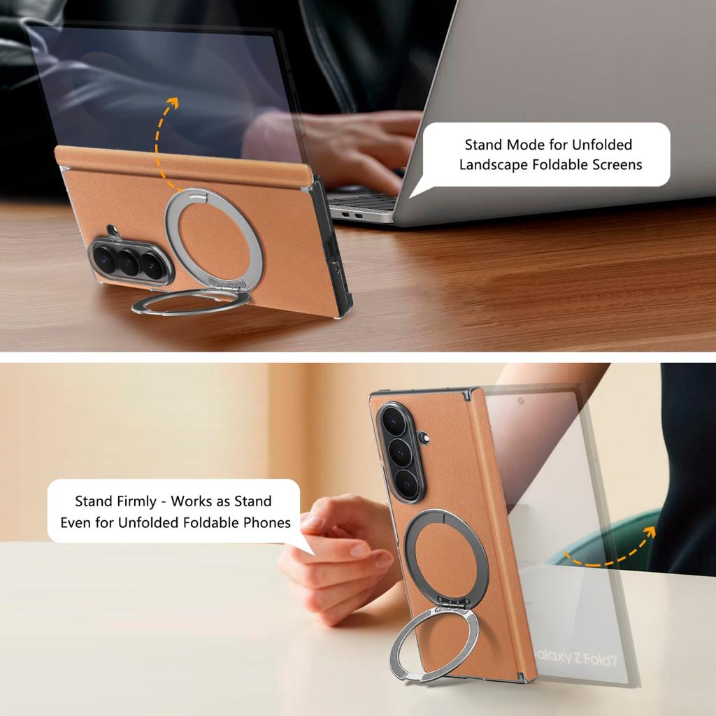 Leather for Magsafe Phone Case for Samsung Galaxy Z Fold 8 Ultra 7 6 360 Rotating Ring Stand Shockproof Hinge Protection Cover