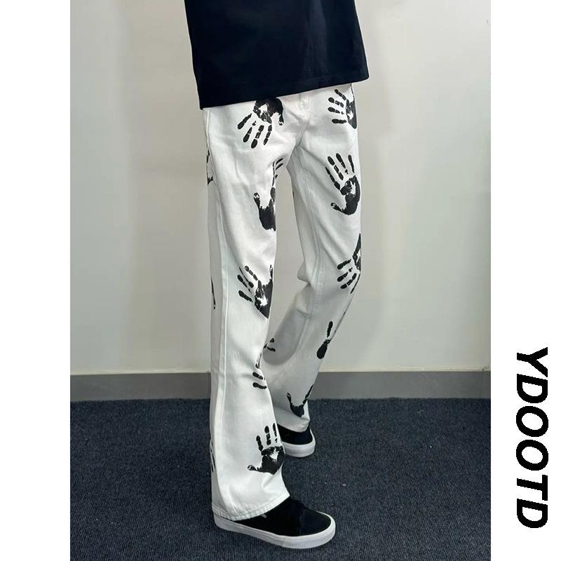 Джинсы клеш JYL мужские Белый принт с пальмами Хип-Хоп Американский High-Street Модные джинсовые брюки L