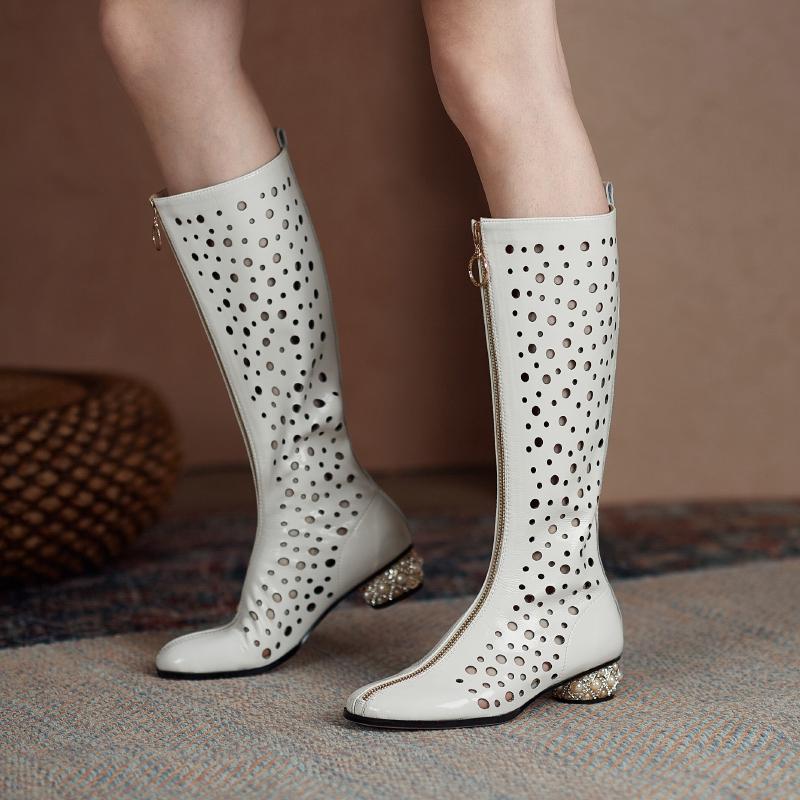 Fashion Women's new summer leather patent leather hollowed out holes, breathable diamond inlaid middle heel, large calf, cool high boots