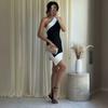 Spring and Autumn New Oblique Collar Contrasting Dress Women's Sleeveless Waist Tie Waist Wrap Hip Split Skirt