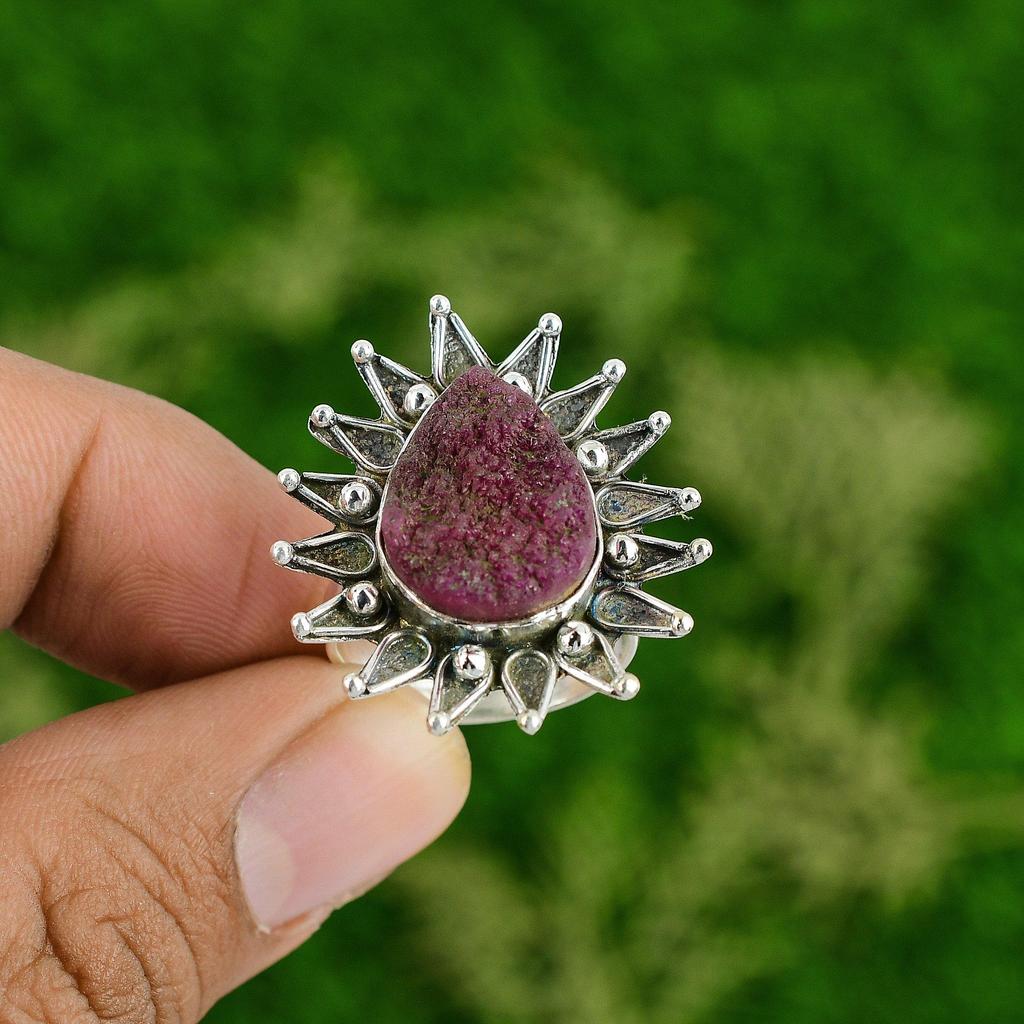 Natural Druzy Gemstone Stackable Pink Adjustable Ring 925 Sterling Silver