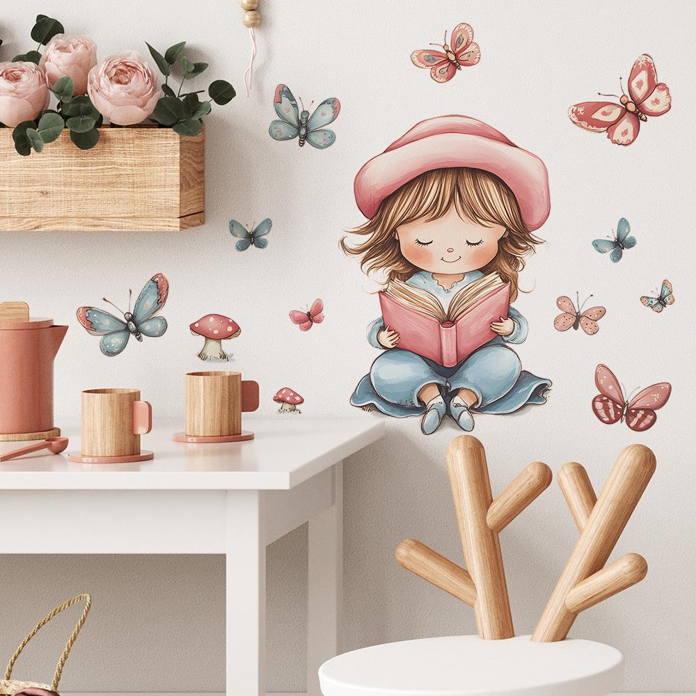 Cartoon Girl Reading with Butterfly Wall Sticker Sweet Educational Self-Adhesive Decor for Kids Room Nursery Bedroom Living Room