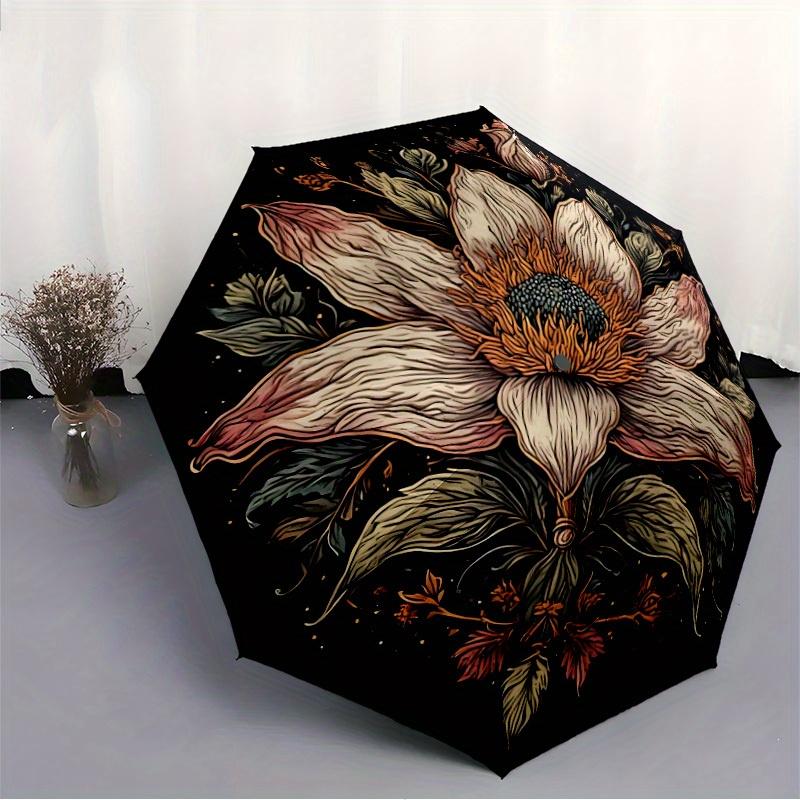 1pc Automatic Open/Close Umbrella with Floral Mandala - Beige/ Brown/Black/ Green/, Compact Folding Design, Sturdy 8-Rib Canop