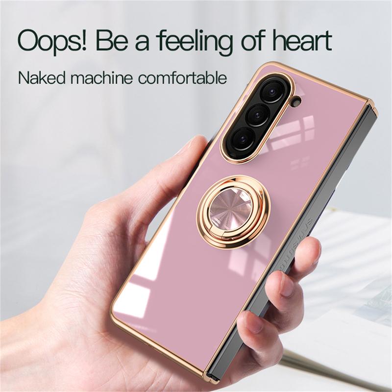 Luxury Plating Metal Ring Holder Phone Case For Samsung Galaxy Z Flip 5 4 / Z Fold 6 7 Flip7 Fold7 5G Silicone Back Cover Funda