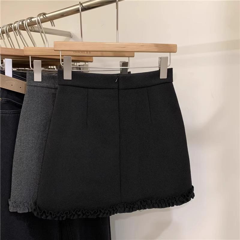 Women's Gray Wool Blend High Waist A-line Skirt with Lace Patchwork - Slimming, Hip-Hugging Design for Petite Summer 2026