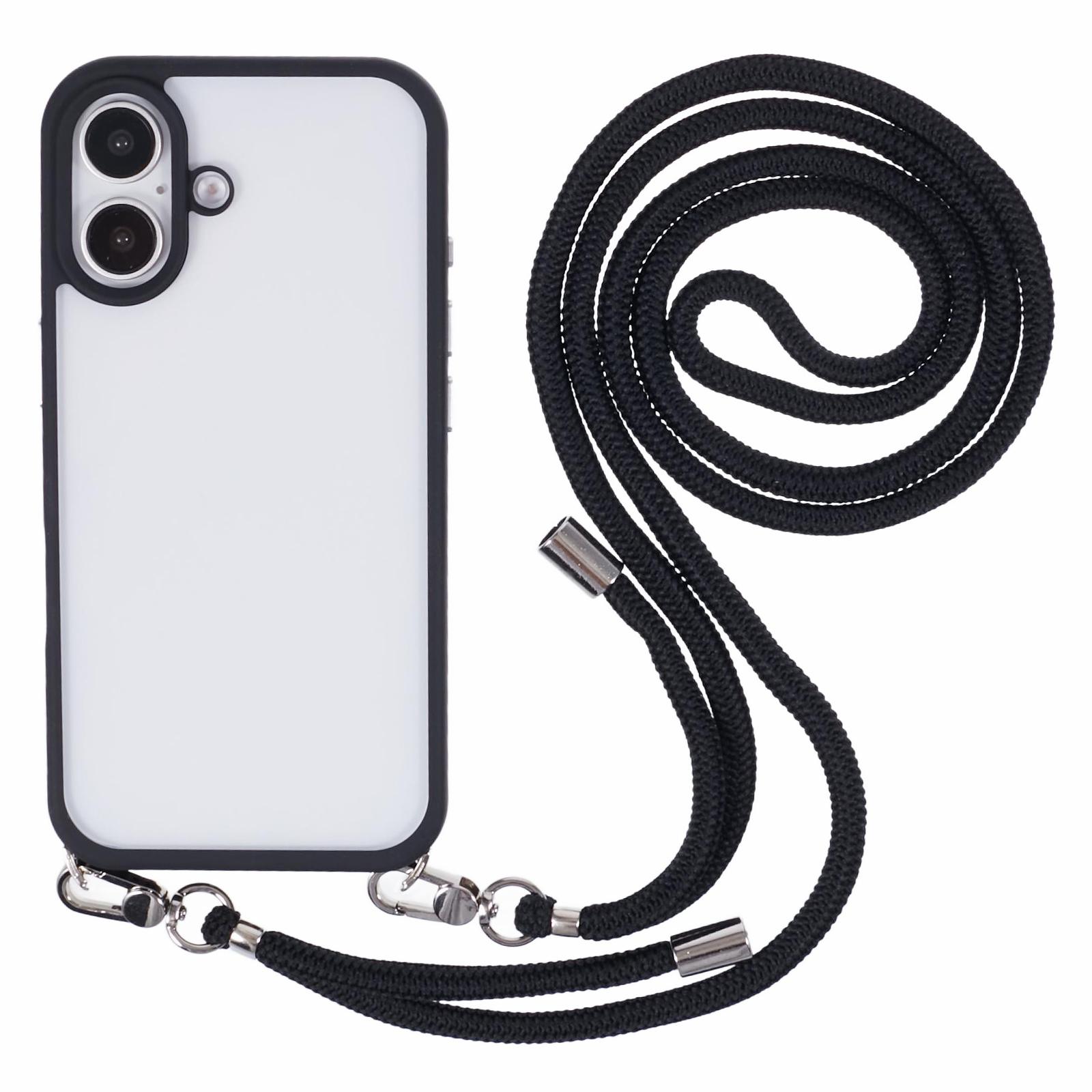 

For iPhone 16 Plus Case TPU+PC Crystal Clear Back Cover with Lanyard Black