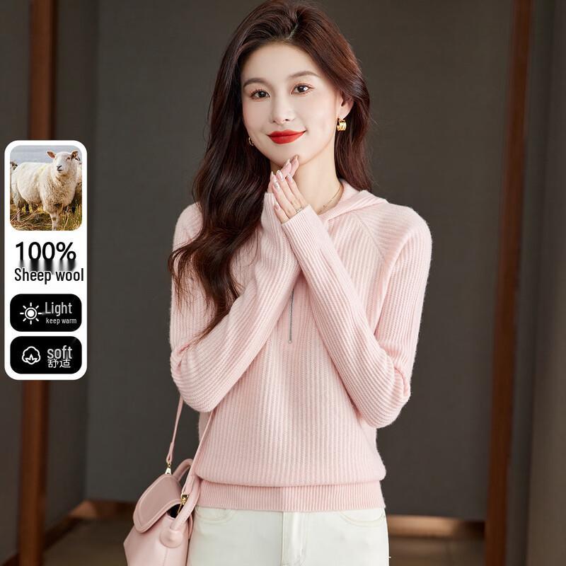 SNOWFLYING Women's 100% Merino Wool Ribbed Half-Zip Hooded Sweater