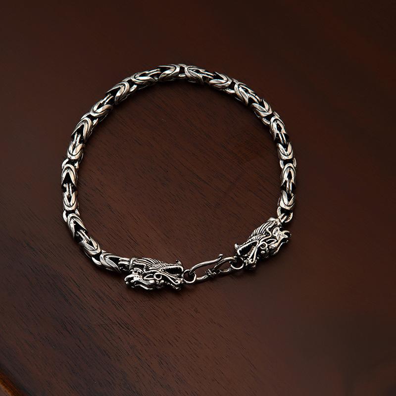Men'S Retro Imitation Thai Silver Double Faucet Safety Pattern Necklace Trendy Cool Bracelet High-End Light Luxury Personalized Necklace Jewelry