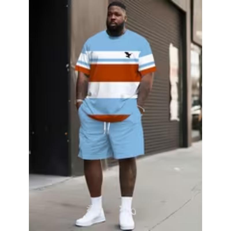 

Plus Size Men s Summer Casual Sports Set, Breathable 3D Print Crew Neck T-Shirt and Shorts 6XL
