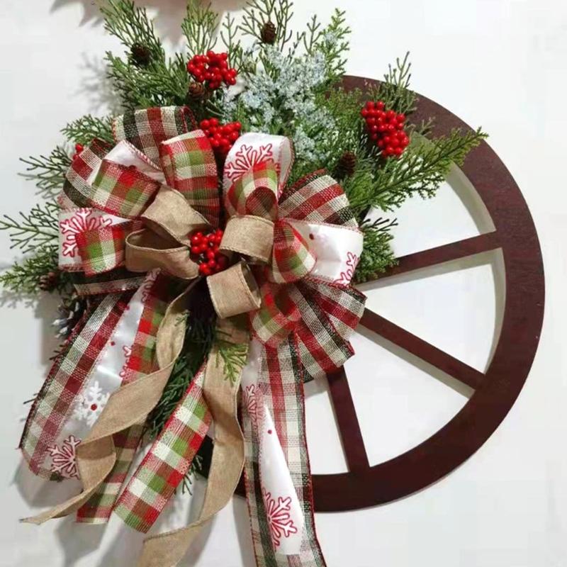 Christmas Wooden Wagon Wheel Wreath Simulation Winter Themed Party Bar Door