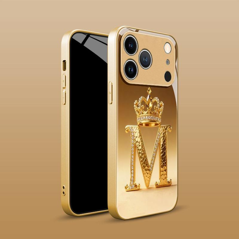 Luxus Goldene Krone Buchstabe M Muster Metallische Farbe Glas Handyhülle Für iPhone 17 Pro Max 11 12 13 14 15 16 Plus 17 Air 16E Hülle