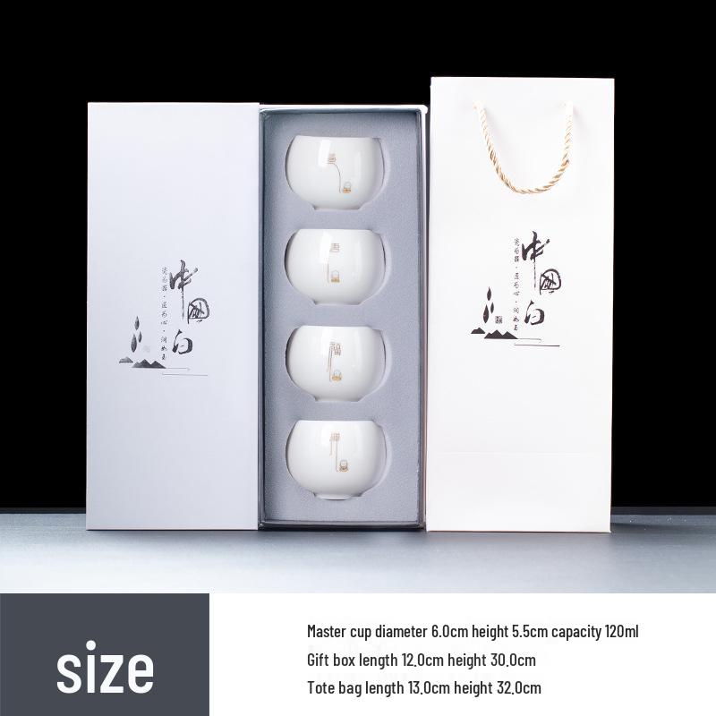 Mutton Fat White Porcelain Tea Tasting Cups, Set of 6 - Individual Ceramic Teacups with Gift Box