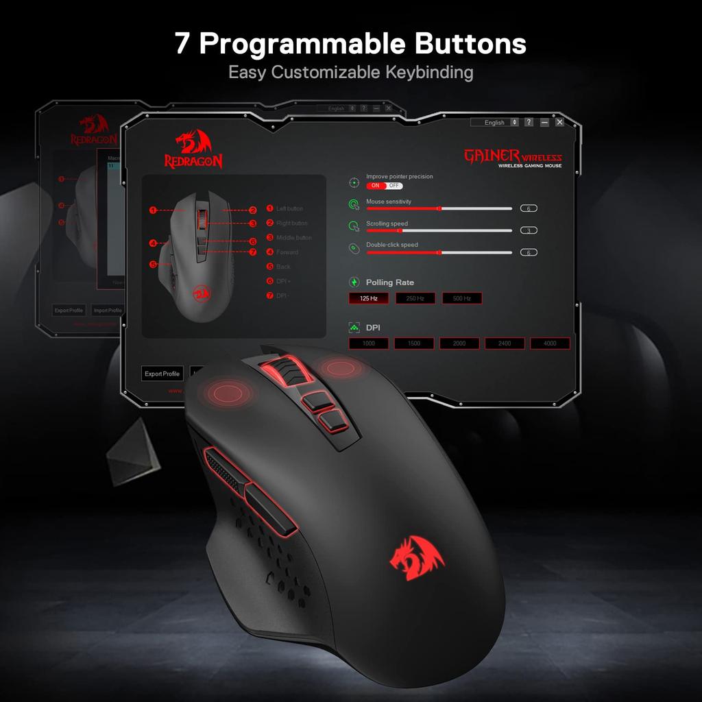 Redragon M656 Gainer Wireless Gaming 4000 DPI 7 programmable Red LED dedicated software Black Mouse, 2.4GHz, DPI, 5-level adjustment, buttons,
