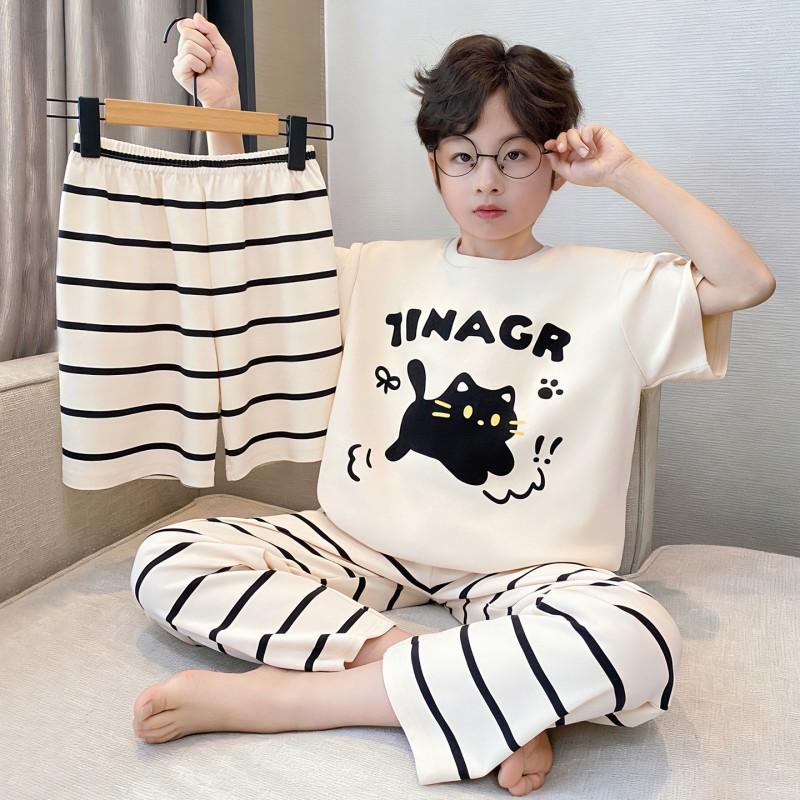 Boys Cotton Pajama Set Short Sleeve Shorts 3-Piece Cartoon Sleepwear Lightweight Home Outfit Kids