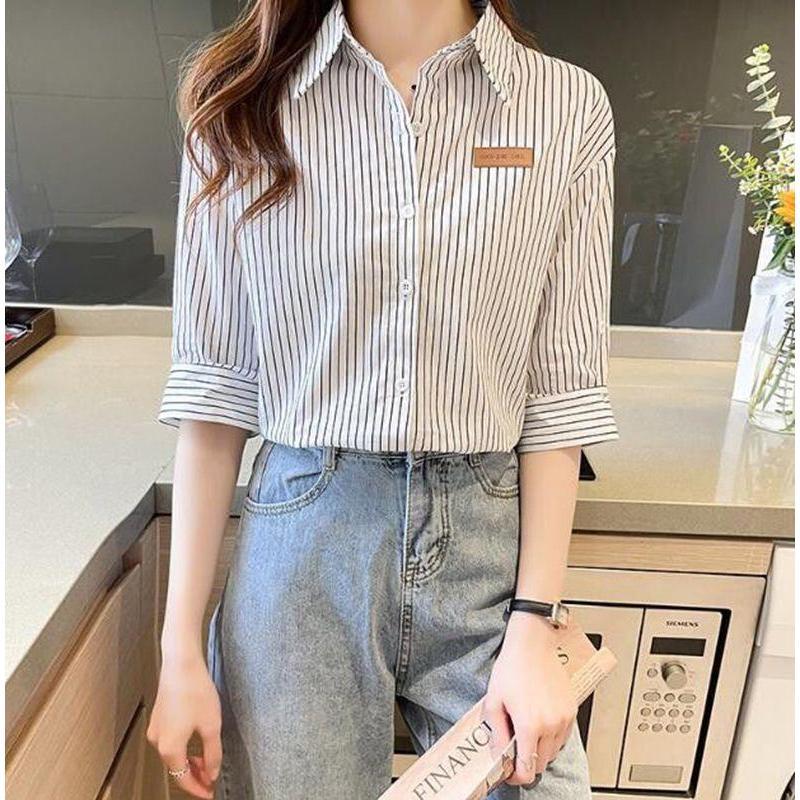 Versatile Simple Five-point Sleeve Pure Cotton Striped POLO Collar Shirt Temperament Foreign Style Design Light Job Loose Tide