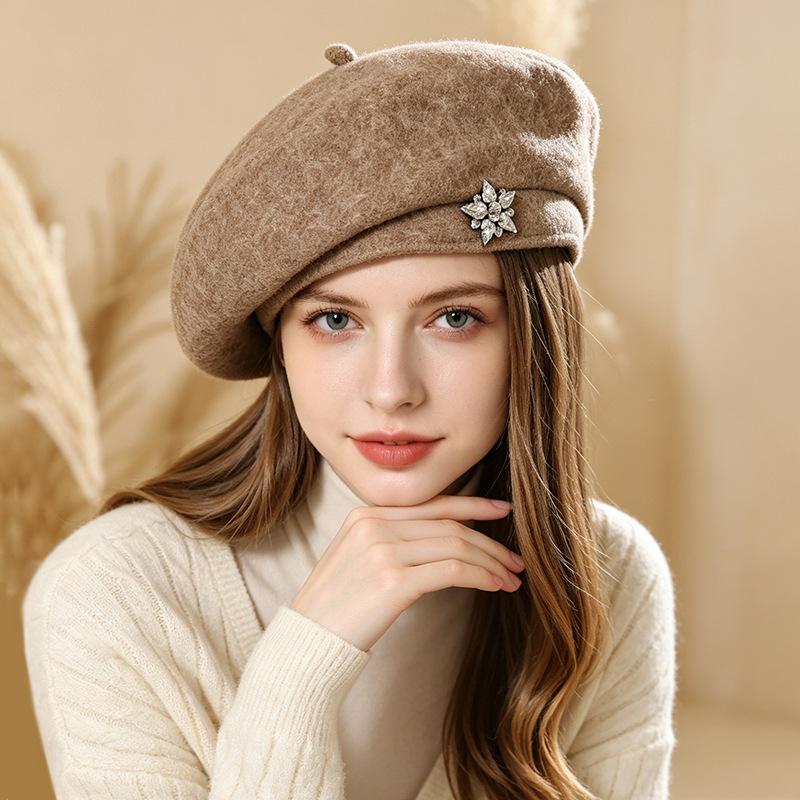 French High-quality Woolen Beret Autumn and Winter Rhinestones Flower Decorative Painter Hat Simple Face Small Hat Women's