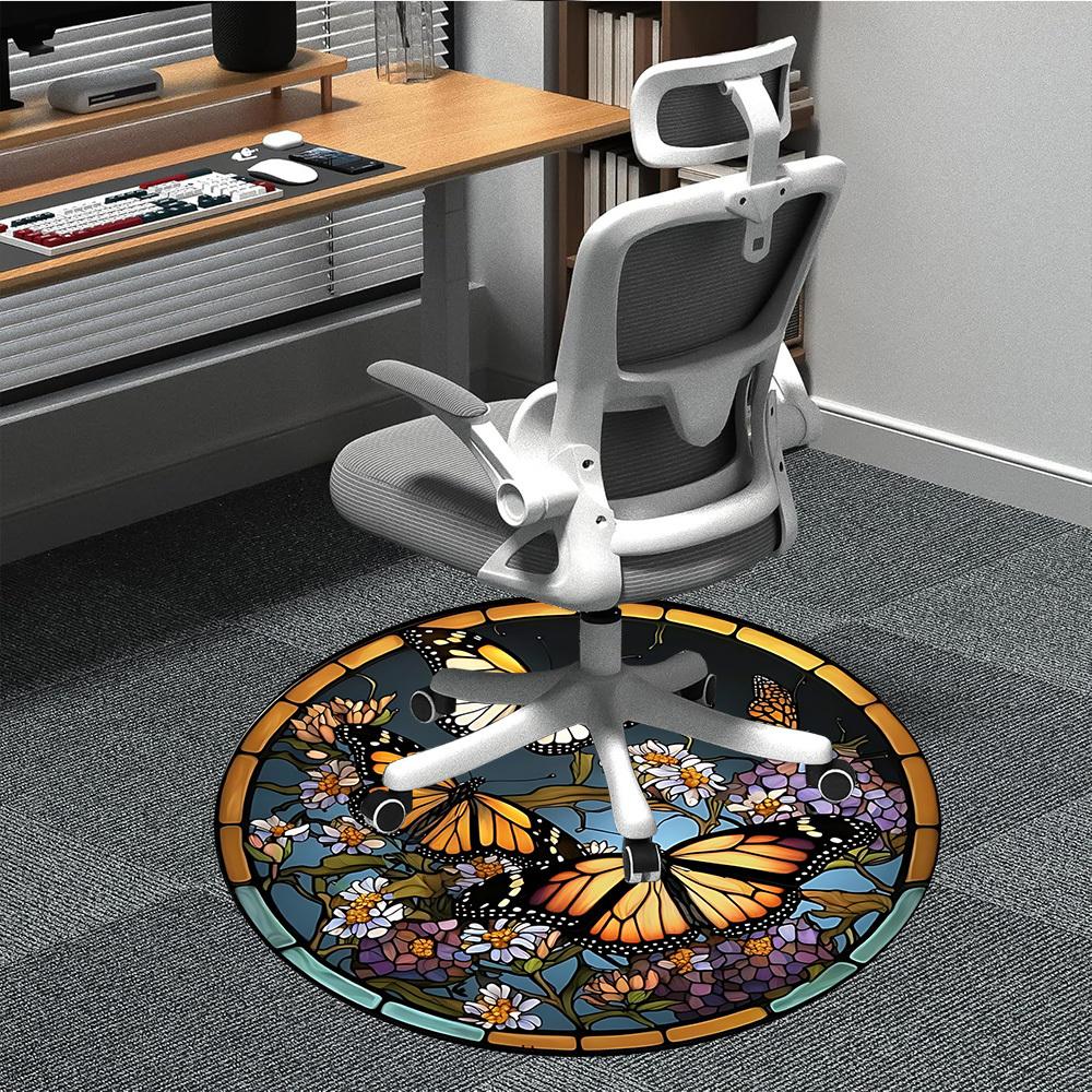 

1pc Butterfly Stained Glass Chair Carpet for Office, Round Polyester Mat, Indoor Decor for Office, Easycare Fabric, Washable Non-slip Area Carpet 80cm
