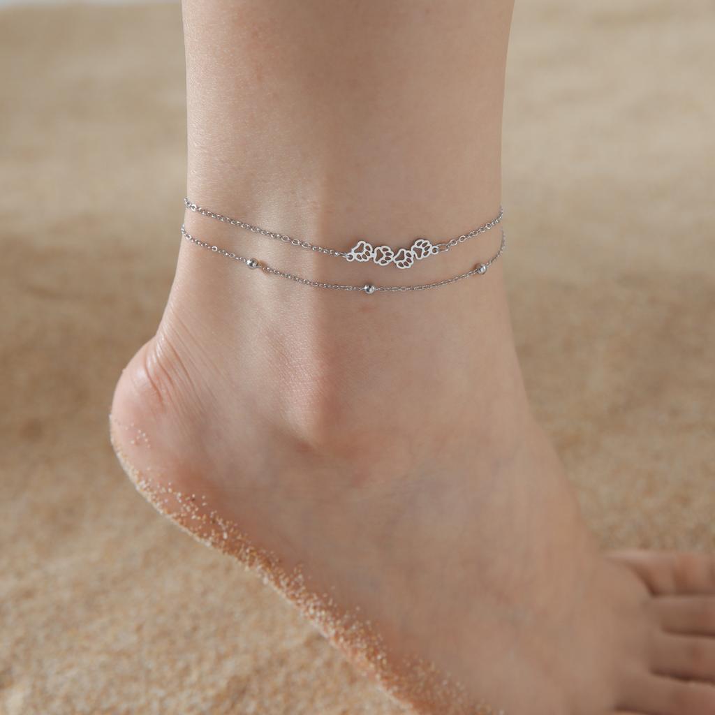 Bohemian Continuous Paw Print Pendant Double Layer Bead Ankle Chain Foot Jewelry for Women