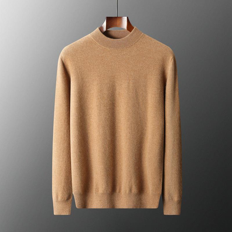 Men's Seamless Cashmere Sweater, Half-High Collar, Solid Color, Loose Fit, Plus Size, Ideal for Middle-Aged, Autumn/Winter Base Layer.