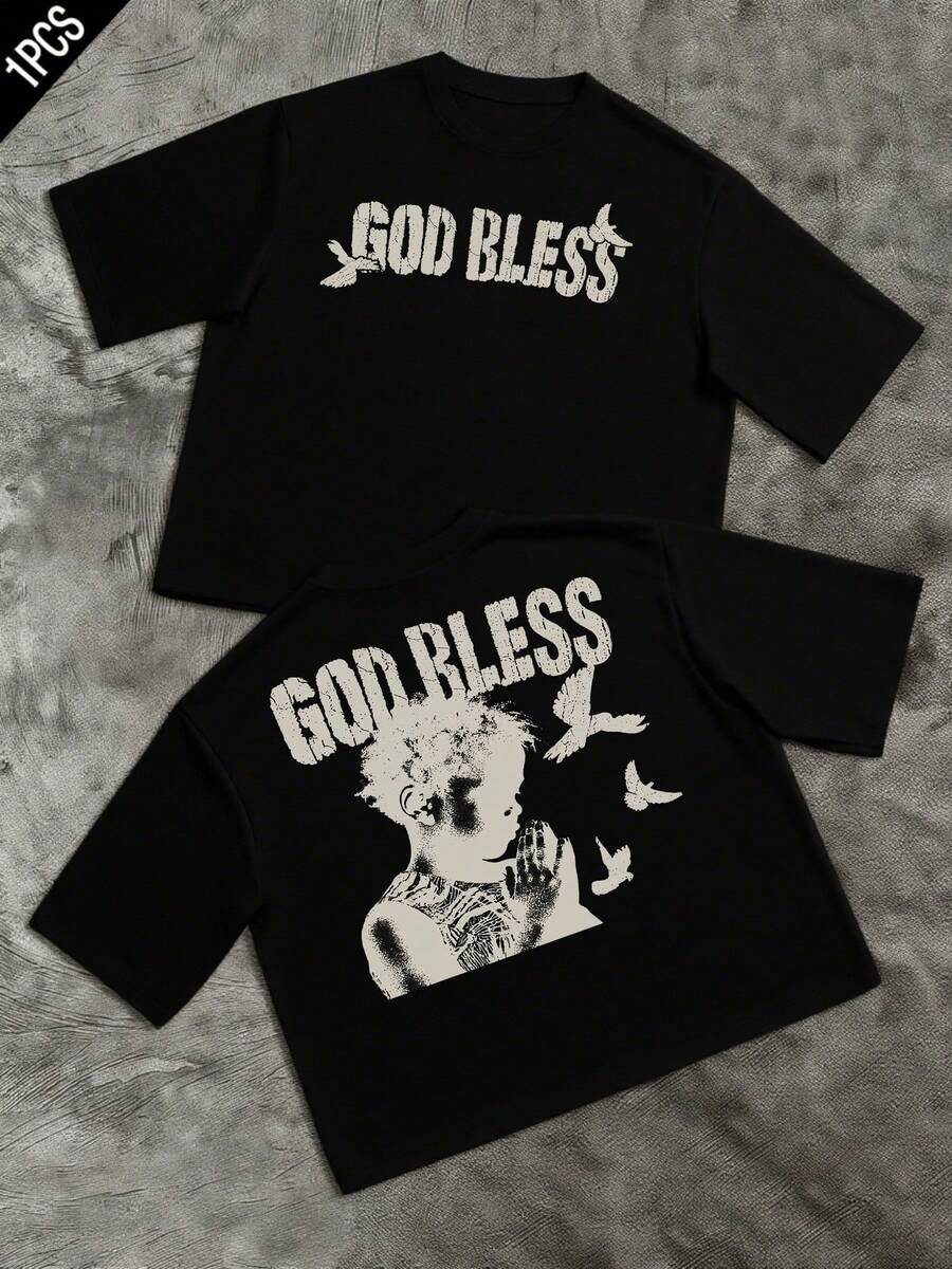 God Bless Graphic Men s Vintage 220g T Shirt Streetwear Style Men Clothes 1pcs Praying Baby Double S разноцветный