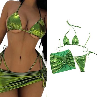 Women Highs Cut Bathing Suit 3 Pieces Swimwears Halters Bikinis Swimming Suit Solid Color Split Swimsuit for Beachwears