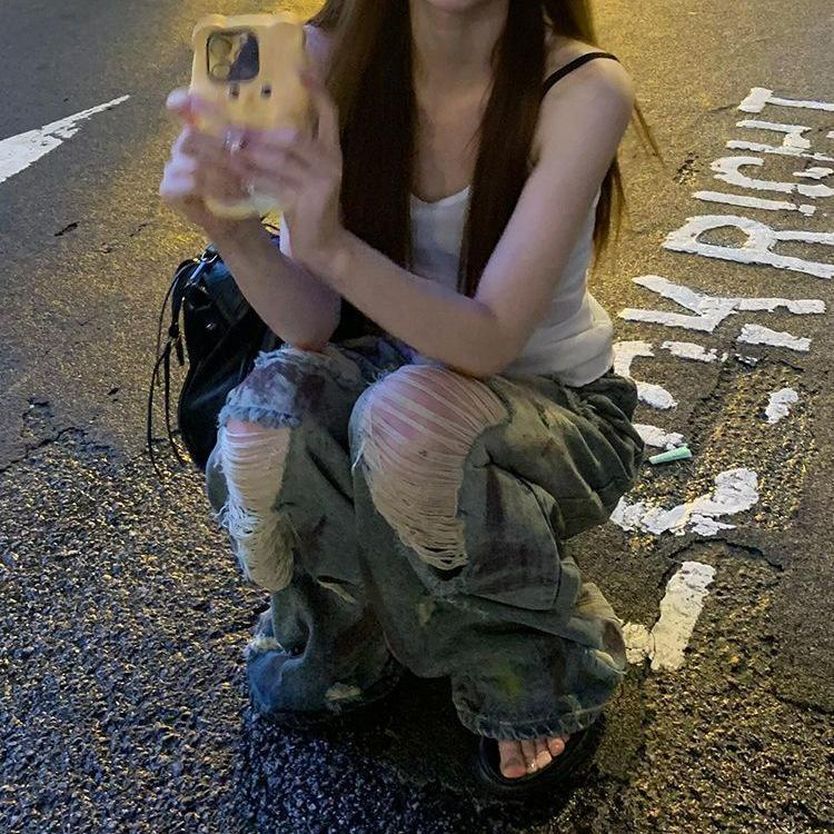 Denim Trousers Women's Vintage Tie-dye Waste Land Wind Wide-legged Hole-breaking Denim Jeans Washed Drapey Draining Trailing Straight Trousers