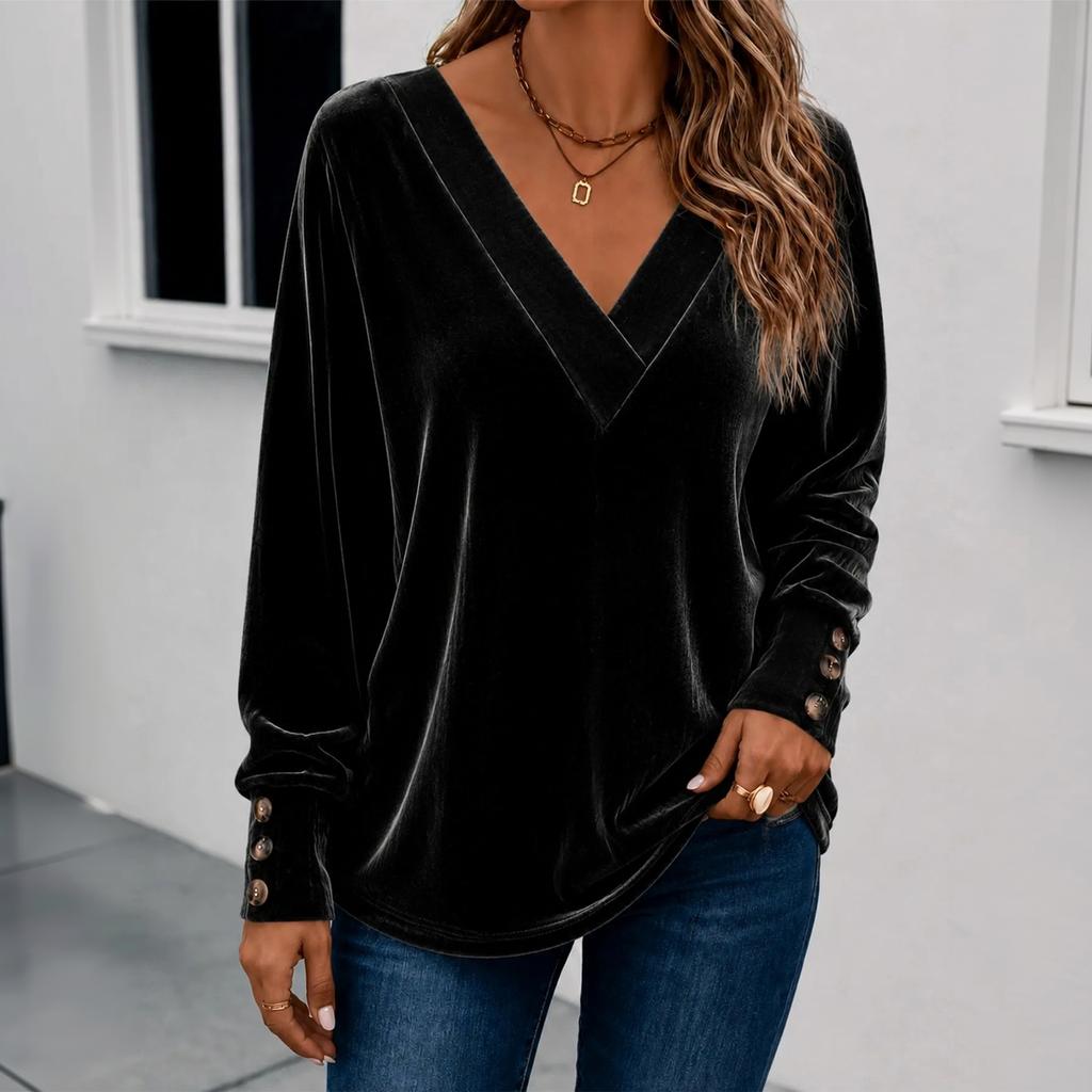 Women's V-Neck Long Sleeve Button Casual Pullover Top