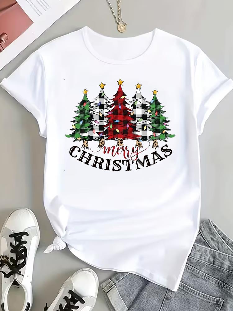 (Asian Size) Tree Cute 90s Tee Top Print New Year Clothing T Shirt Women Fashion Christmas Festival Woman Short Sleeve Graphic T-shirts