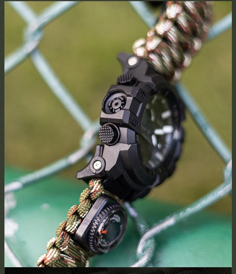 Men's Outdoor Survival Watch with Dual Display, Life-Saving Rope, Fire Starter, Whistle, and Compass