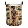 African Feminine Style Round Storage Basket with Handles - 2D Flat Tribal Art Design, Durable Polyester Decorative Storage Basket Suitable for Bathroo