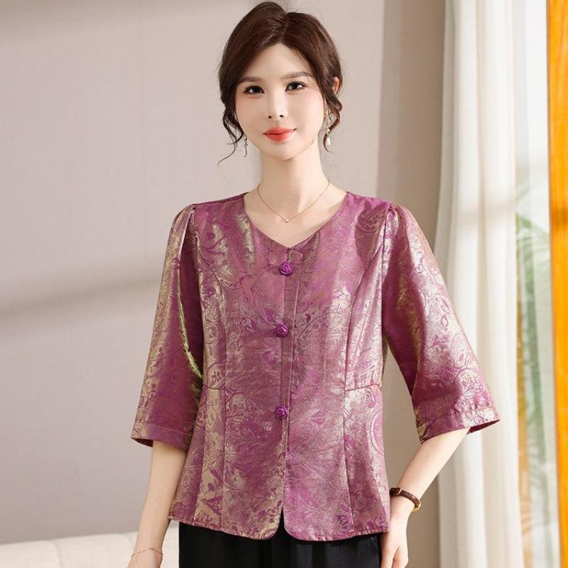 Women's Spring & Summer Thin Chinese Style Printed Shirt, Mom's 3/4 Sleeve Round Neck Cardigan Top