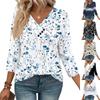 Dames Print Top Knoopsluiting V-hals T-shirt 3/4 Mouw Losse Mode Top