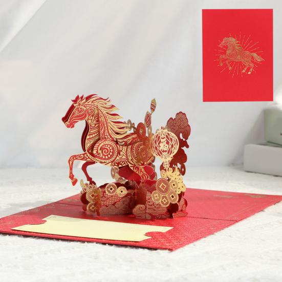 3D Pop-Up-hälsningskort för kinesiskt nyår 2026, hästens år, med kuvert, vårfestivalpresenter för familj och vänner