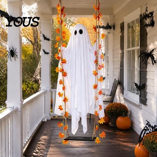 Realistic Fabric Ghost Light Up Hanging Swinging Halloween Decoration with Remote Control, Large White Spooky Outdoor Yard Decor Ornament Maple Leaves