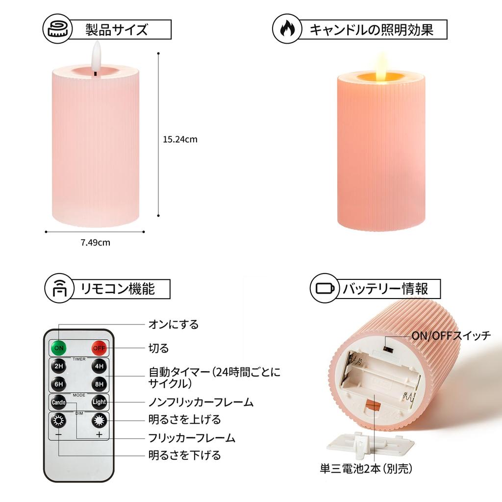 LED Candle Light with Remote Control 15cm Set of 2 Battery Operated Candles with Timer Wedding Christmas Atmospheric Candle Light - Function, Pink,