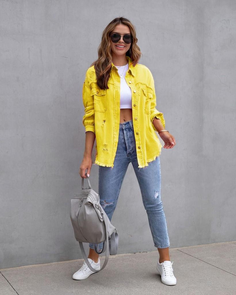 Women's Solid Color Ripped Denim Shirt - Long Sleeve, Loose Fit Bestseller